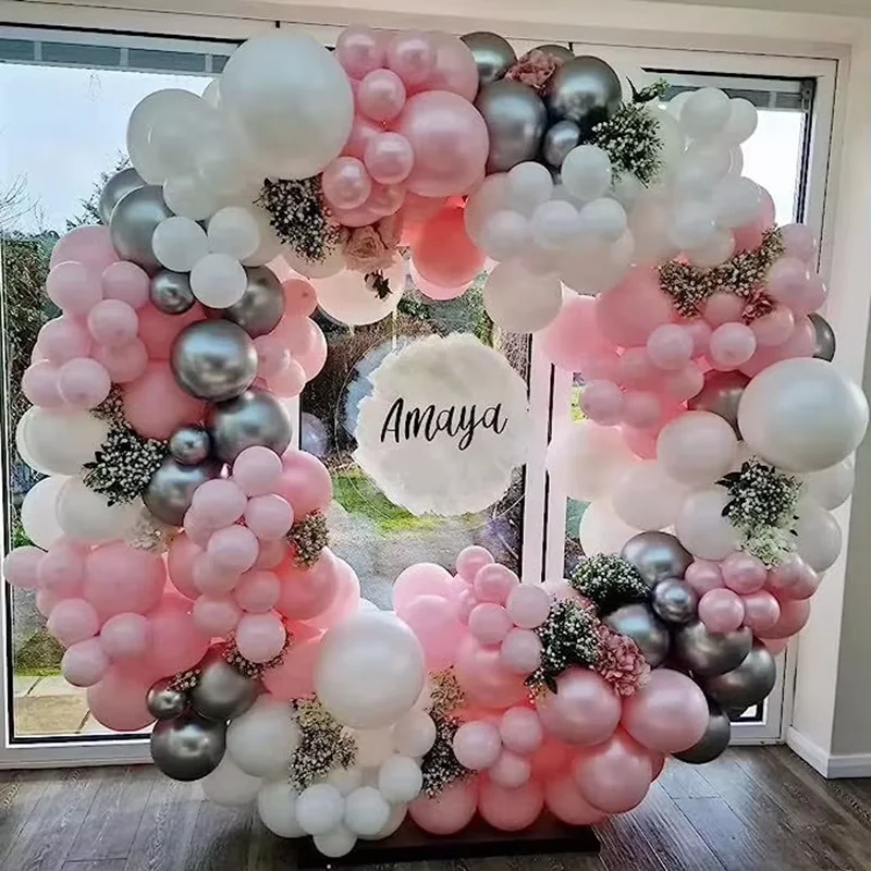 Pink Silver Balloon Set Wedding Scene Layout Children\'s Birthday Party Event Arch Decoration Background Wall Latex Balloon