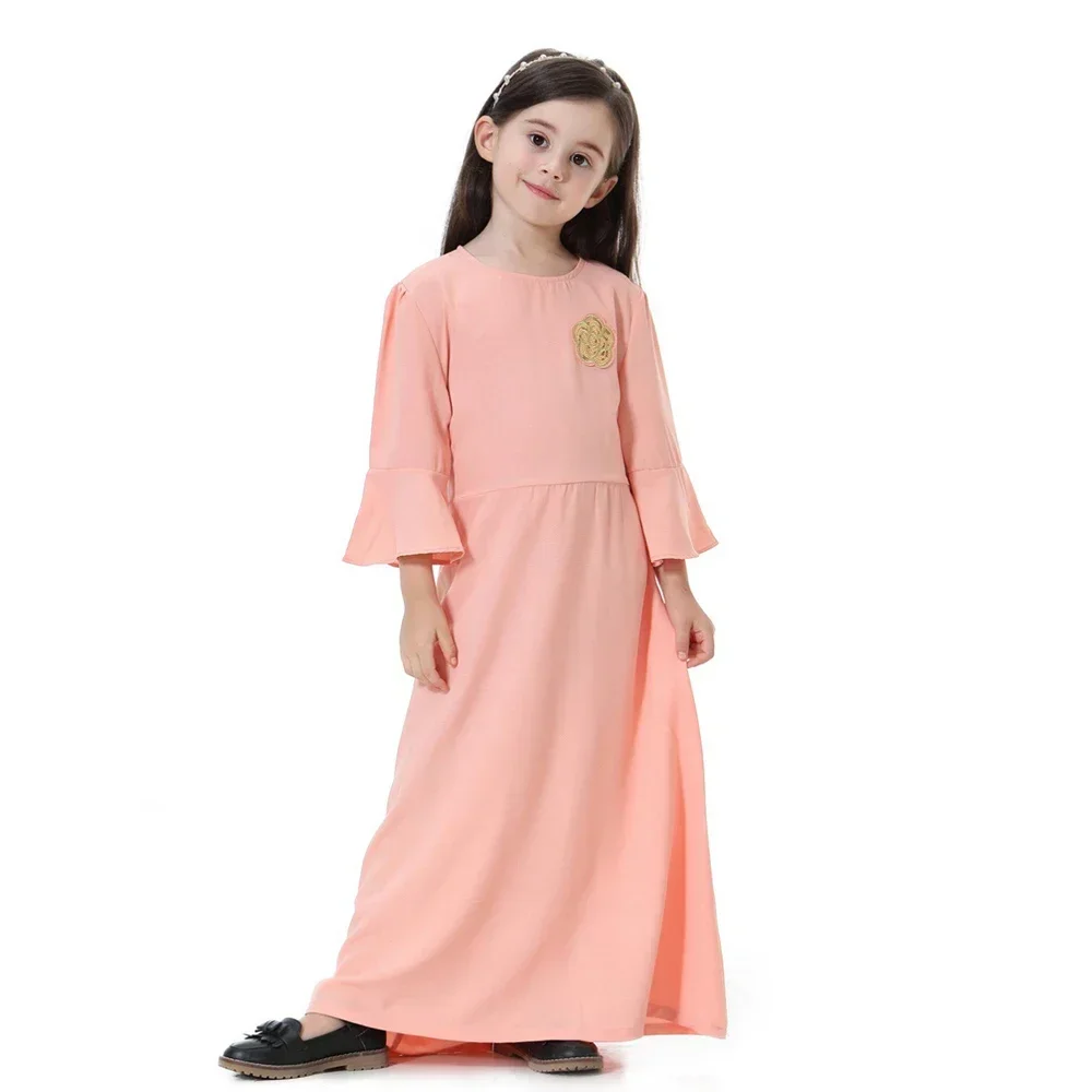 Cute Muslim Girl Prayer Dress Spring Long Sleeve Kids Abaya Kaftan Tobey Saudi Jabba Robe Southeast Children Applique Maxi Dress