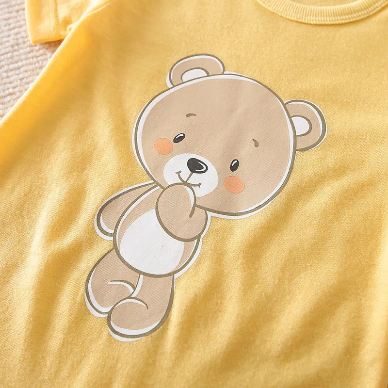 Baby Boys Girls Unisex Newborn Romper ，0-18 Months Toddler Clothing，Infant summer Short sleeve Cute yellow bear print Jumpsuit