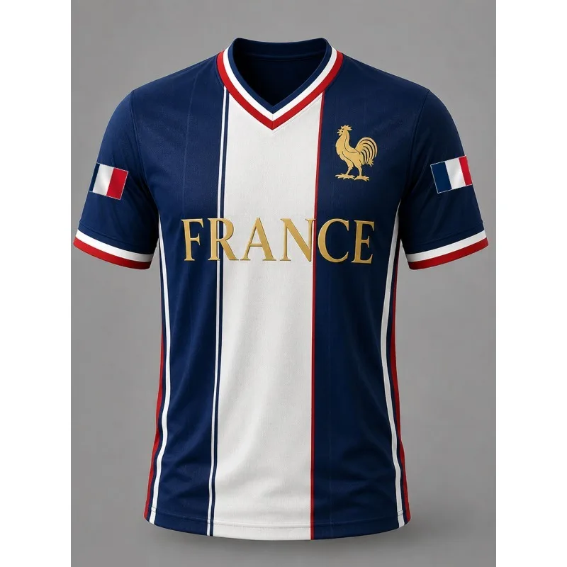 Retro V Neck France Rooster Print Soccer Jersey Striped Trim Sleeve Quick Dry T-shirt Trendy Game Day Casual Street OOTD