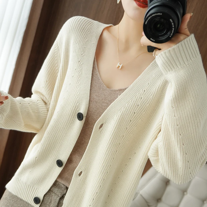 Cotton Knitted Cardigan Women\'s V-Neck Loose Short Jacket 2022 Spring Autumn New Long-Sleeved Temperament Sweater Fashion Tops