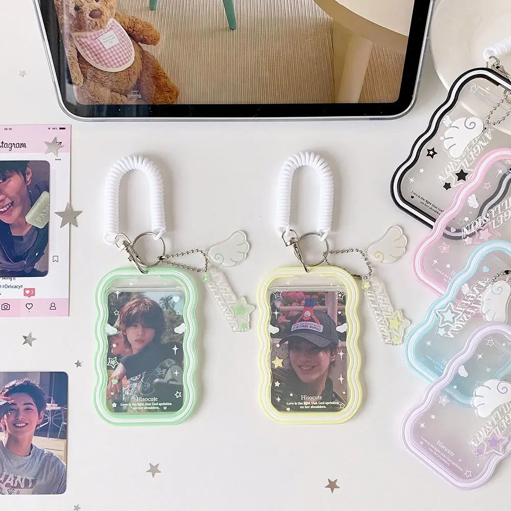 Fashion Wing Charm Card Sleeve Wavy Edge Clear Window Card Cover Colorful Acrylic Pendant Card Bag Student