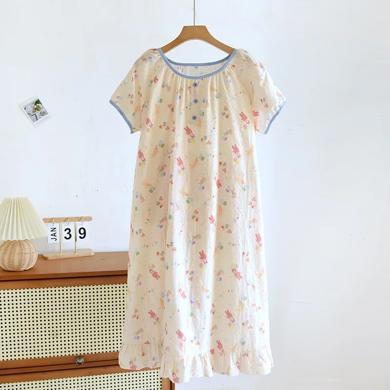 Women's Short Sleeved Pajama Dress Thin Cotton Printed Homewear Summer Night Dress Women Sleepwear Clothes