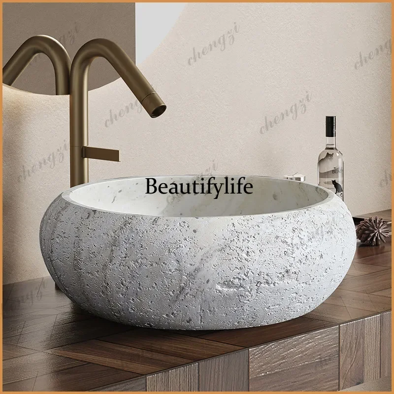 TTT  medieval style wabi sandy wind beige cave stone platform round wash basin retro Turkish cave stone platform basin