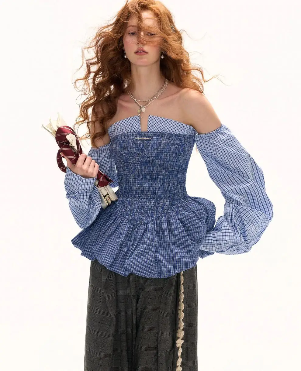 Drunk Sugar Women Blue Striped Smocked Bandeau Bubble Autumn New Spliced Elegant Off Seaside Vacation Casual Party Top