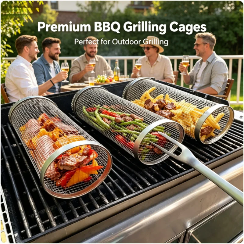 

2PCS Stainless Steel BBQ Grill Set Portable Outdoor Barbecue Cage Fork Hook Cooking Rack Grilling Tools Camping Backyard