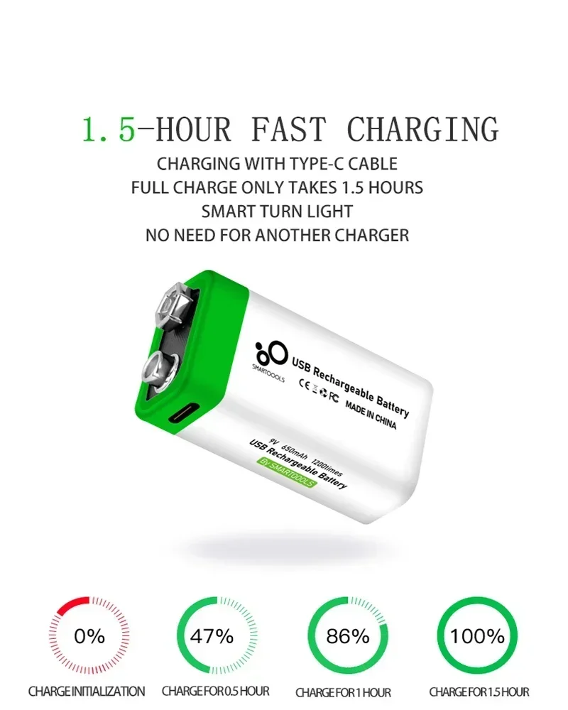9V Li-ion Rechargeable Battery USB Type-C Charging 650mAh for Multimeter Microphone Metal Detector Remote Control Toys