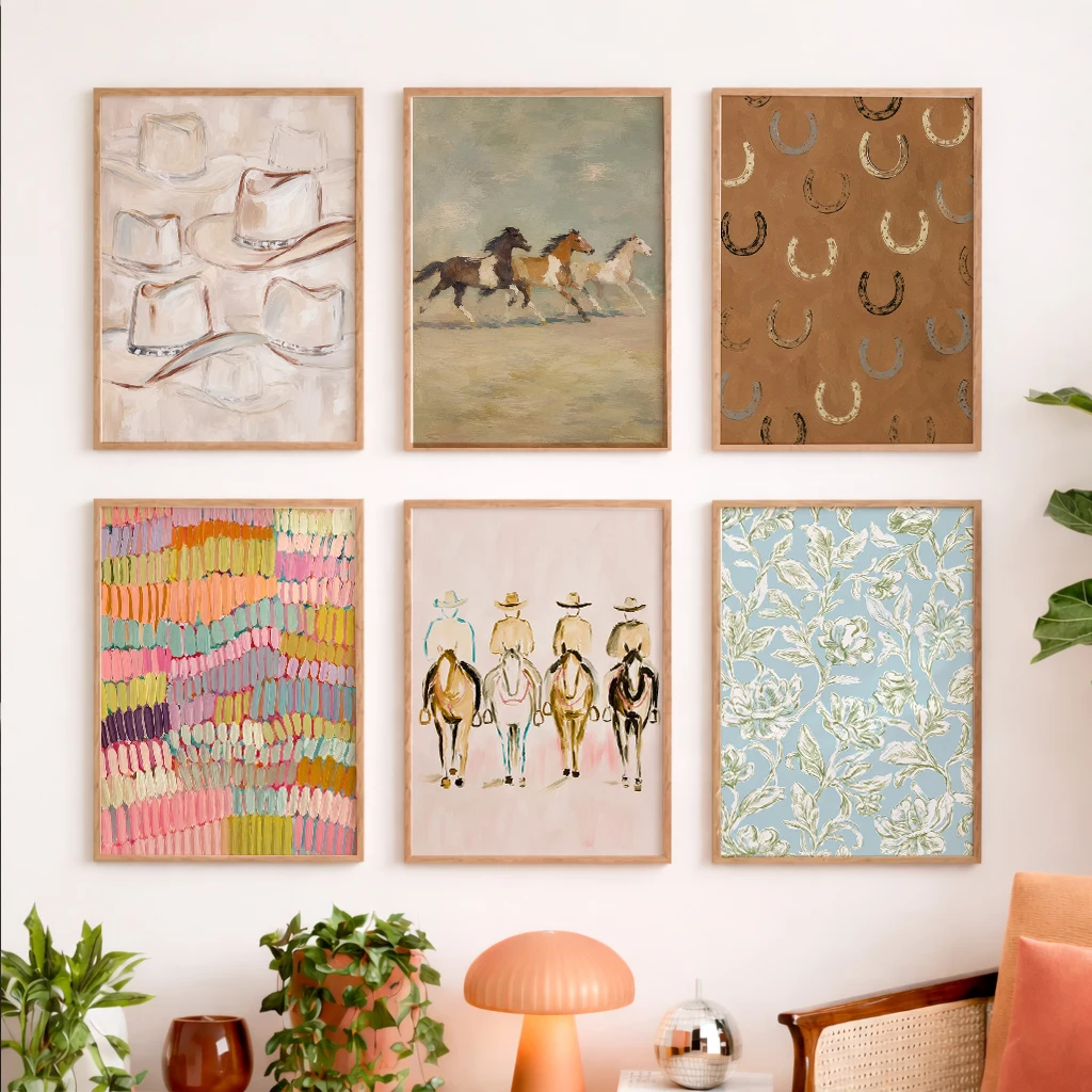 Set of 6 Western Ranch Canvas Poster Cowboy Hat Running Horse Horseshoe Colorful Texture Cowgirl Floral Rustic Wall Art Decor