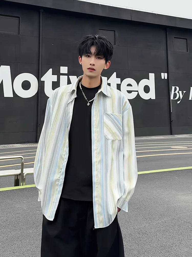  Long Sleeve Striped Shirt Men's Premium Style Button up Casual Spring Outerwear Breathable Polyester Fiber