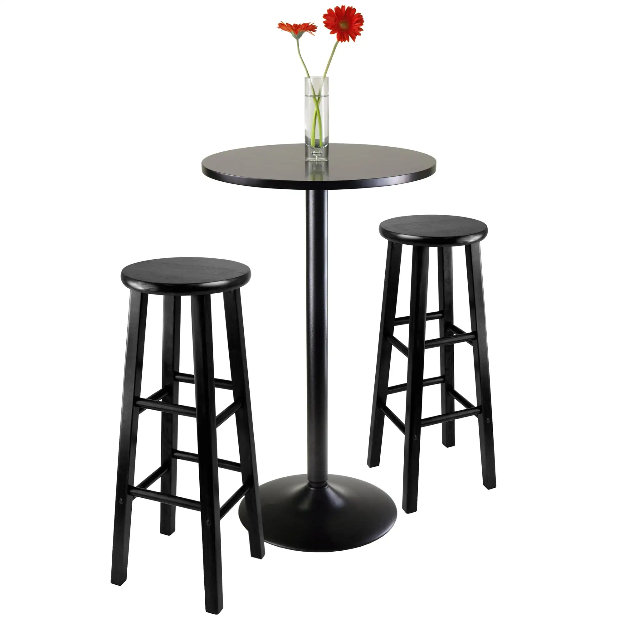 Wood 3-Pc Pub Table Set, Round Table & 2 Round Seat Bar Stools Set, Black