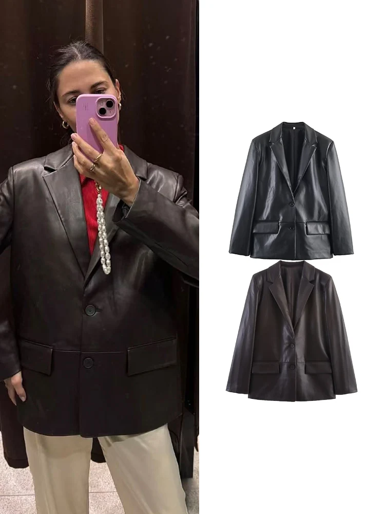 秋の新作 レディース カジュアル フェイクレザー ブレザー ジャケット 無地 長袖 シングルブレスト PUジャケット 高級感 ファッション ゆったり