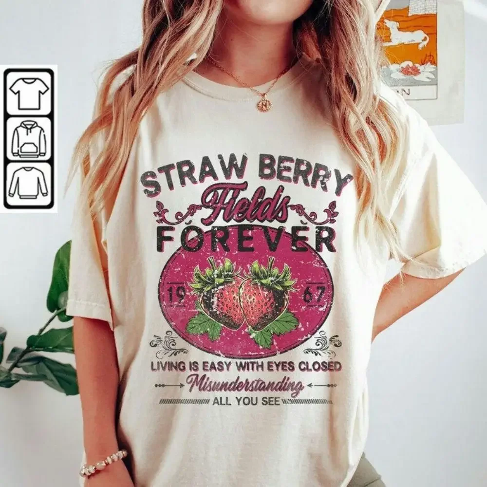 Beatle Strawberry Fields Rock Band Tee Retro Band Gift Unisex Shirt 100% Cotton Casual Loose Y2K Top Old School Band Streetwear