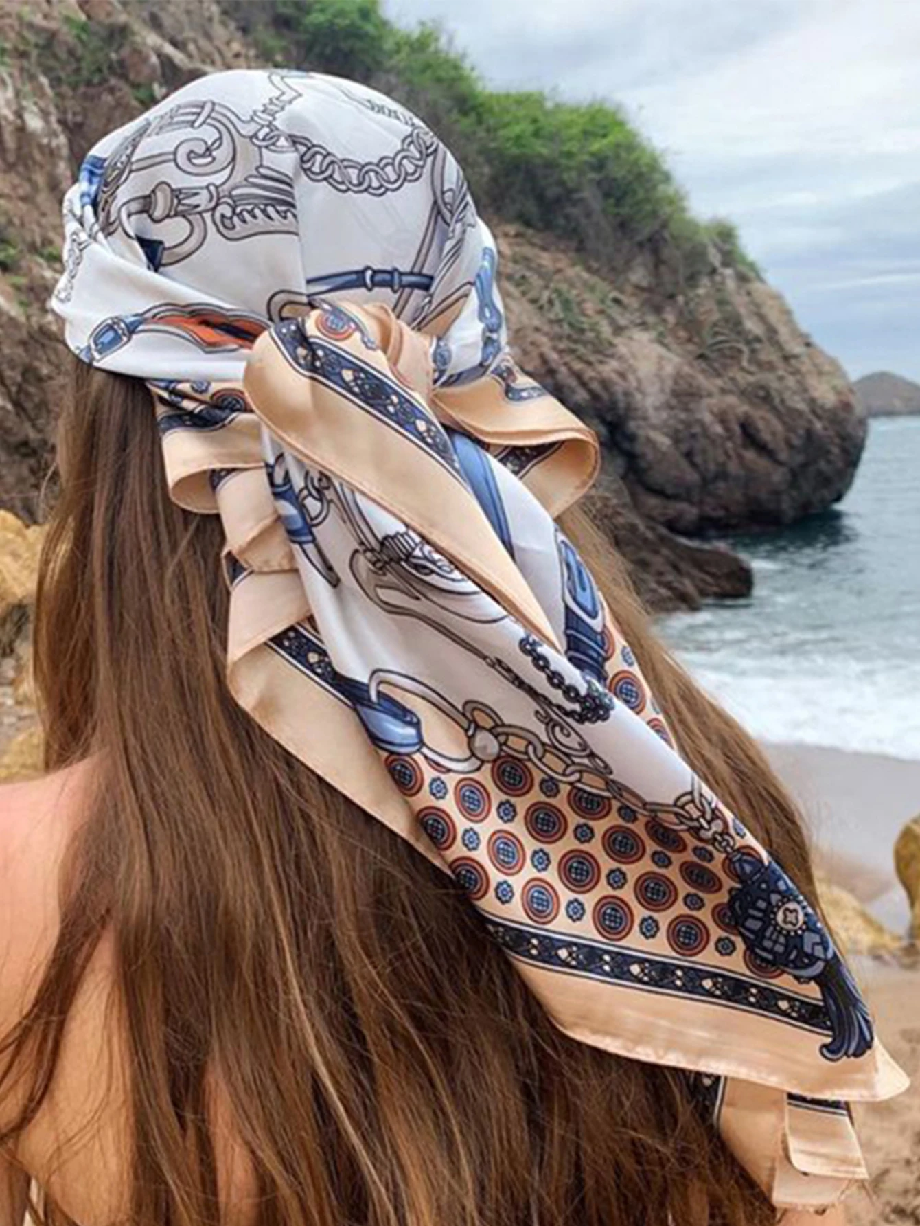 Mode 90 cm Platz Silk Schals Frauen Hijab Satin Print Kopftuch Femme Kopf Schal Foulard Bandana Strand Pareo Schal Wrap hijab – Detail 3