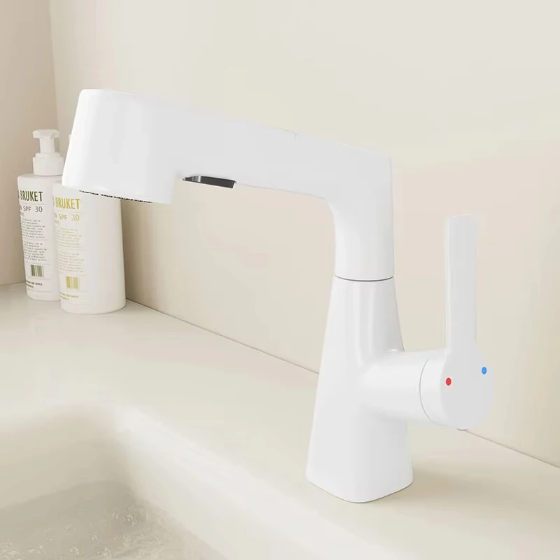 White pull out bathroom faucet, with two modes of spray, adjustable 360 ° rotary faucet, modern adjustable sink faucet