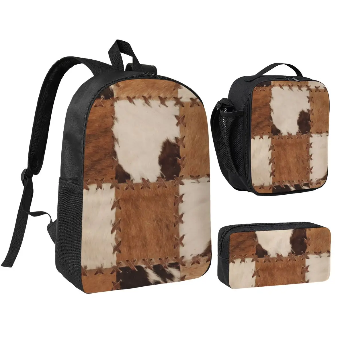 

Patchwork Cowhide Rustic Western Decor Backpack BookBag School Bag Laptop Shoulder Bags 3ps Insulated Lunch Bag Pencil Case