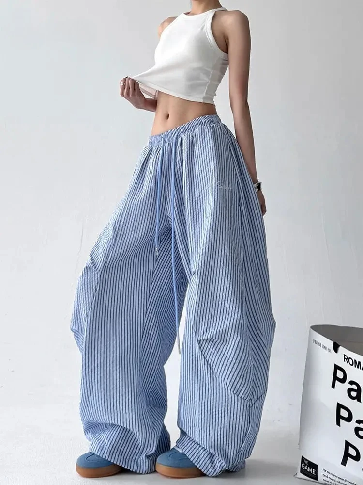 Vacation home relaxed vertical striped wide-leg pants women's high waist loose lazy versatile and thin mopping casual long pants