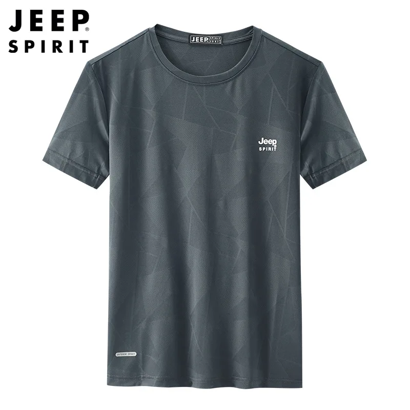 JEEP SPIRIT New Summer Short Sleeve Men Simple Round Neck Ice Silk T-shirt Mens Comfortable Breathable Sports Casual Bottom Top