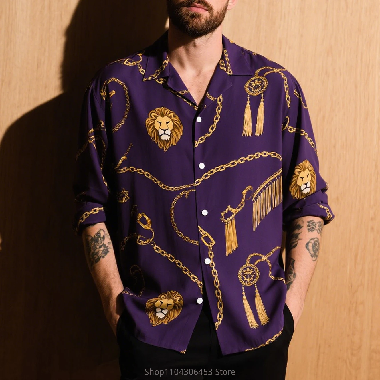 الرجال نمط جديد الأسد الرجعية سلسلة تكبل 3D قميص مطبوع بأكمام طويلة ساحة طوق لينة ومريحة النسيج الأعمال عارضة