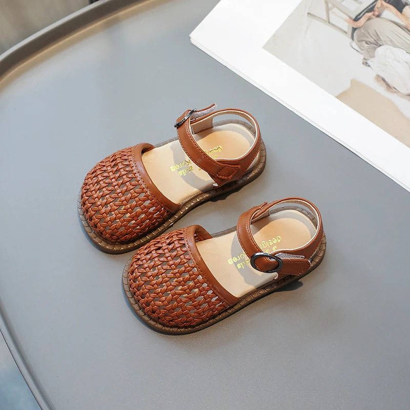 

Summer Little Girls Woven Sandals Retro Outdoor Kids Causal Hollow-out Sandals Fashion Beach Boys Children's School Flat Shoes