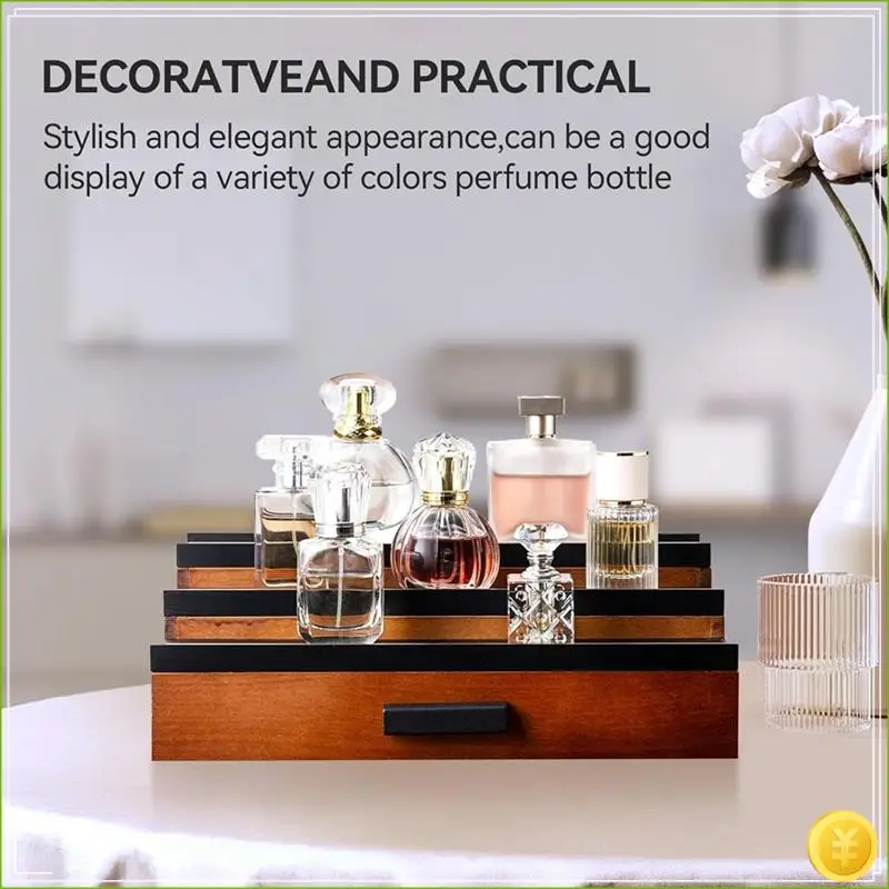 Wooden Cologne Organizer Shelf For Men Dresser, 3 Tier Display Stand With Drawer Storage Organizer Tray With Compartment
