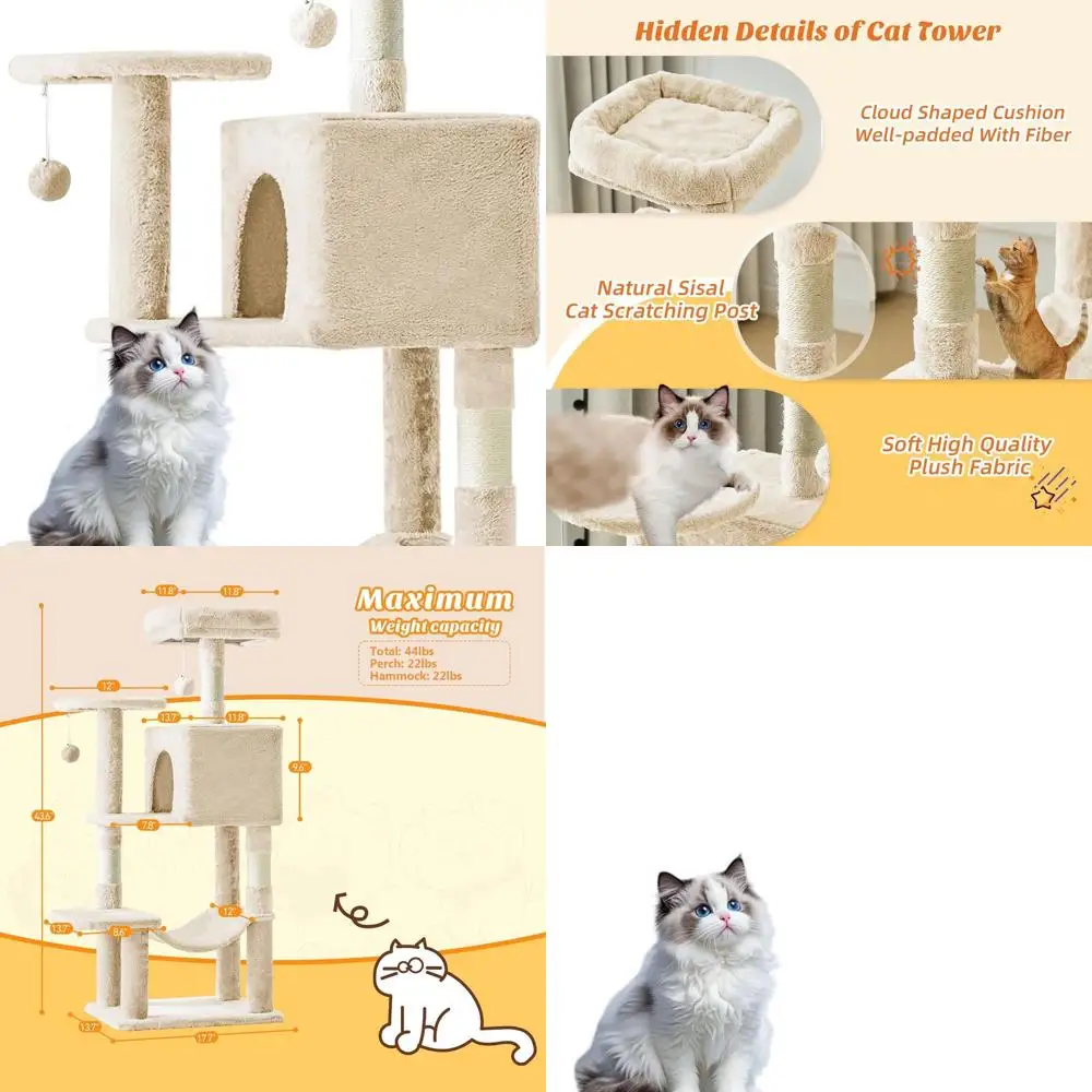 

Beige 44 Indoor Cat Tree with Condo, Sisal Scratching, Hammock, and Playhouse for Kittens