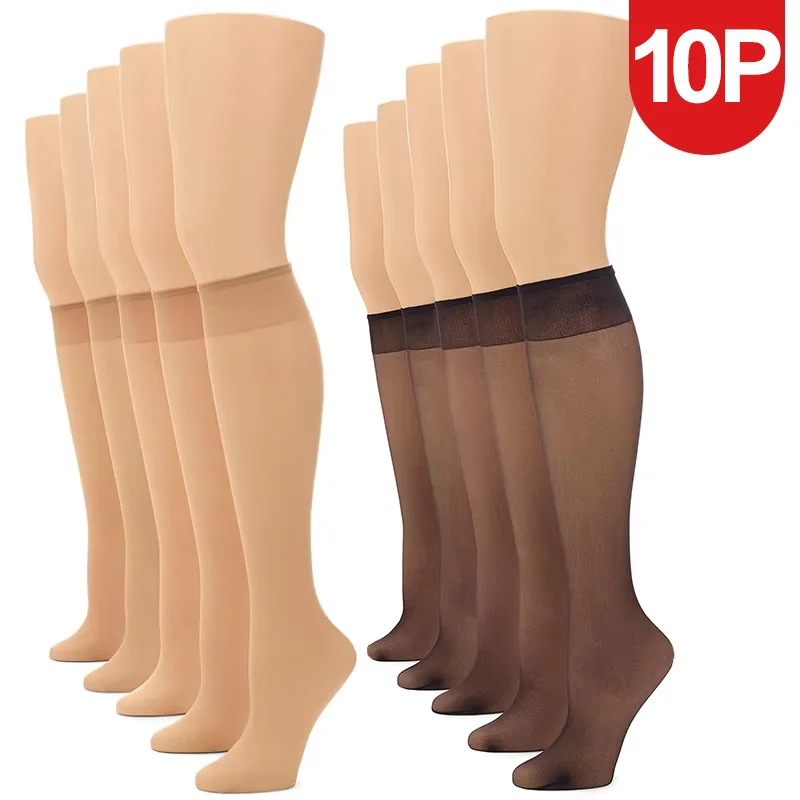 10 Pairs Women Knee High Socks Sheer Stockings Sheer Socks Solid Color Thigh High Hosiery