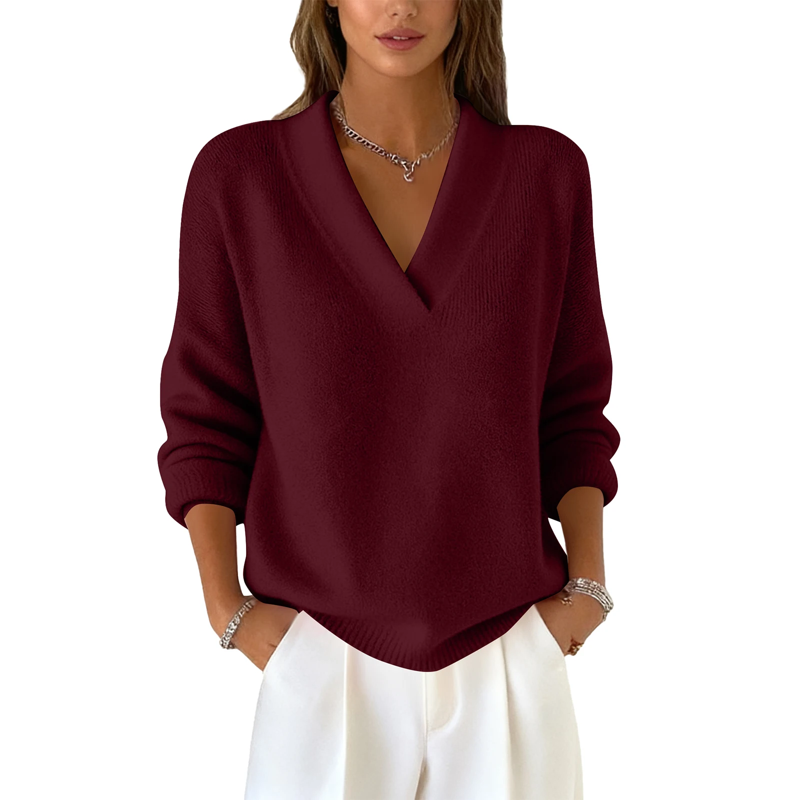 Knitted Sweater Top Pullover Women's Top Fashionable Long-sleeved Solid Color V-neck Daily Multi-color PoPular Sweater Top