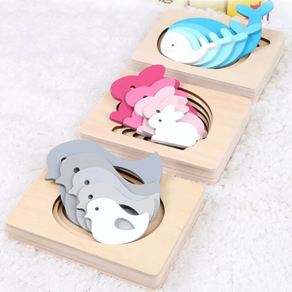 

Wooden Multi-Layered Animal Puzzles Pink Gradient Rabbit Early Cartoon Panel Jigsaw Cognitive Educational Kids