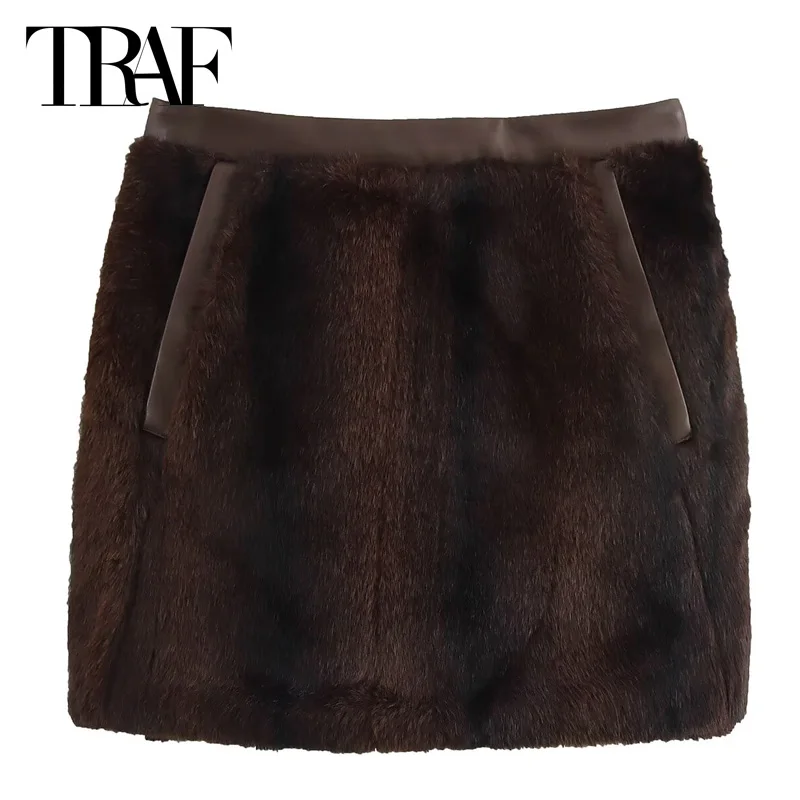 TRAF Mini Faux Fur Skirt Women's Skirt Hairy Brown High Waist Skirt A-Line Plush Fluffy Skirts For Women Korean Style Skirt 2025