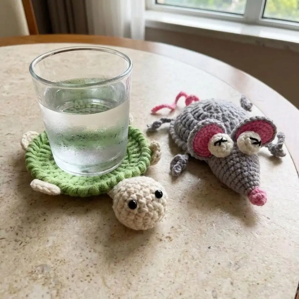 Funny Crochet Turtle Coaster Hand Woven Non-Slip Animal Drink Coaster Heat Resistant Novelty Water Cup Mat Kitchen Decor