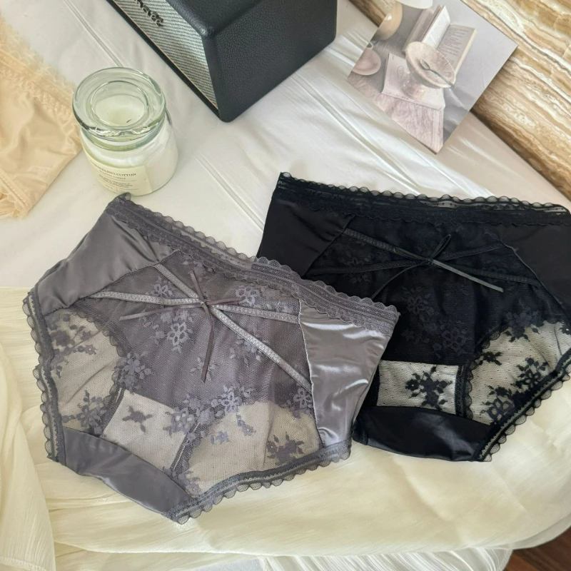 2026 الصيف النمط الفرنسي مثير شفافة النساء السروال منتصف الخصر القوس الدانتيل الحرير القطن الخالص رقيقة الملابس الداخلية النسائية