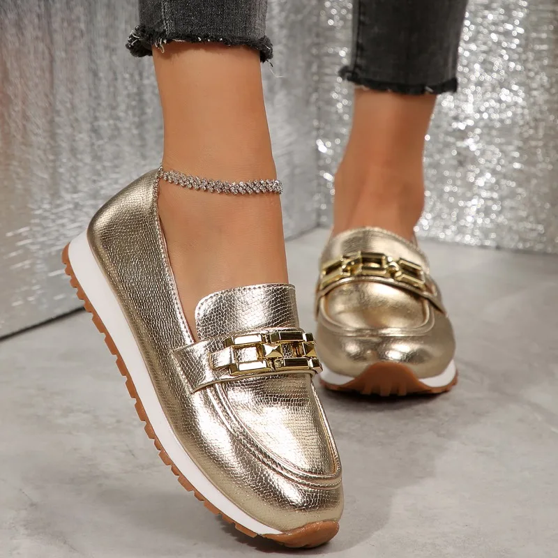 Vrouwen Chain Decor Platform Sneakers Mode Goud Zilver Designer Schoenen Vrouw Lichtgewicht Slip op Casual Wandelschoenen Plus Size