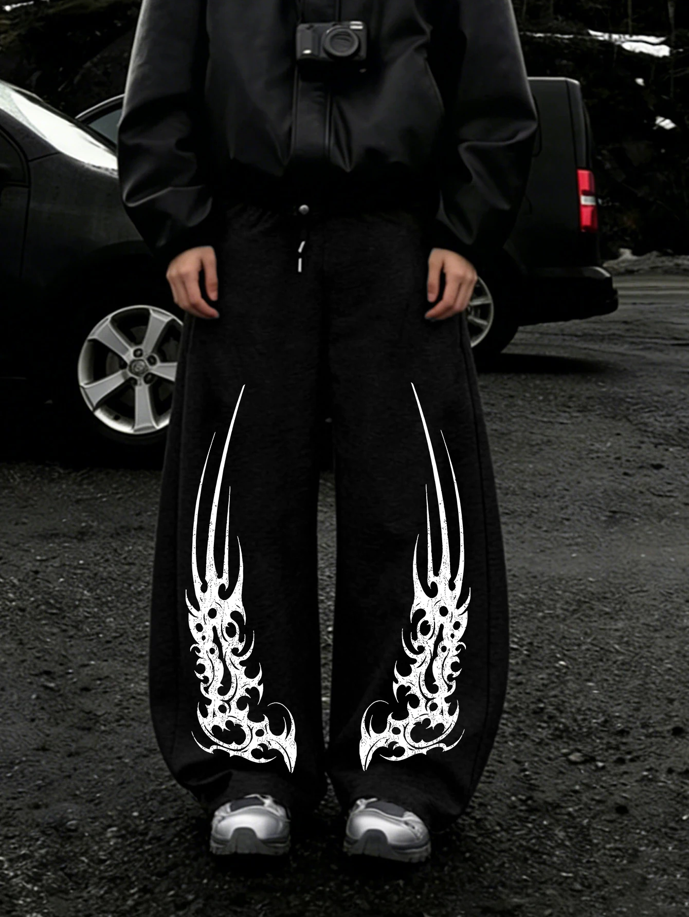 Men Y2K Dark Streetwear Sweatpants, Distressed Gothic Tribal Symmetrical Double Side Print Drawstring Loose Wide Leg JoggerPants