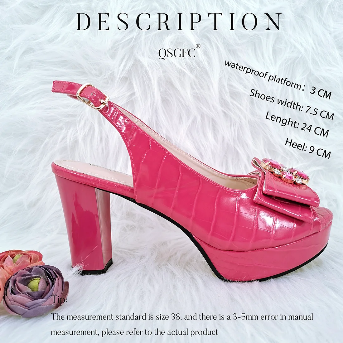 QSGFC Hot Selling Mature Classic Stlye Platform Design High Heel Party Wedding Women Shoes and Bag Set in Fuchsia Color