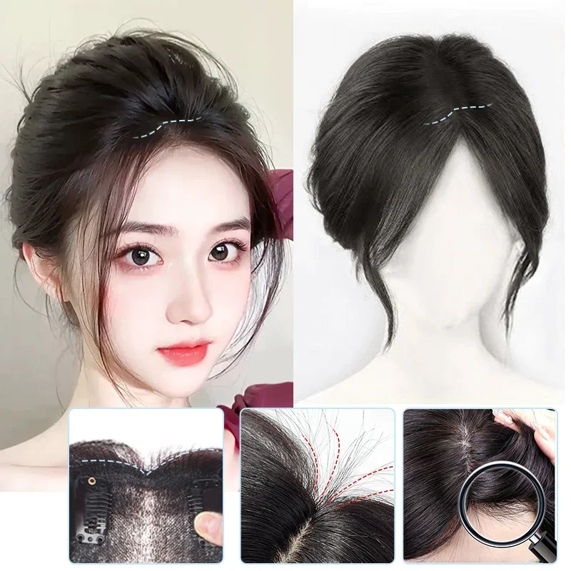 Topper rambut untuk wanita dengan rambut tipis hitam alami 100% rambut manusia asli puncak dengan poni Swiss dasar renda terikat tangan