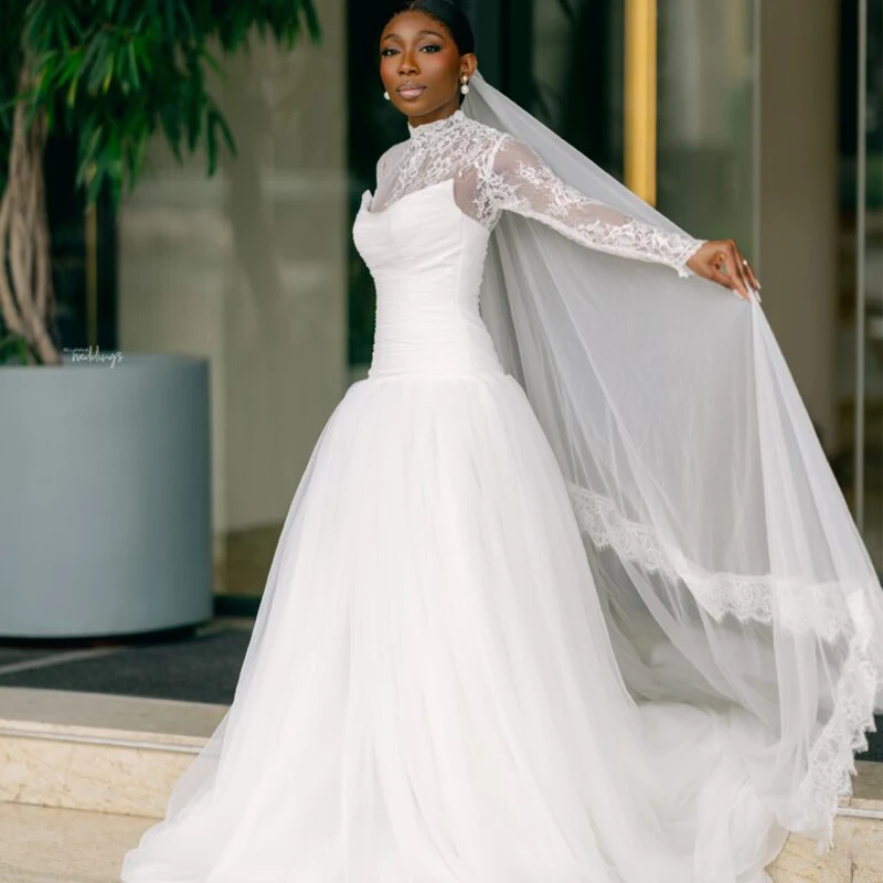 White Tulle Wedding Dresses for Women Bride Drop-waist Removable Lace Top Corset Garden Outdoor Africa Bridal Gown Customized