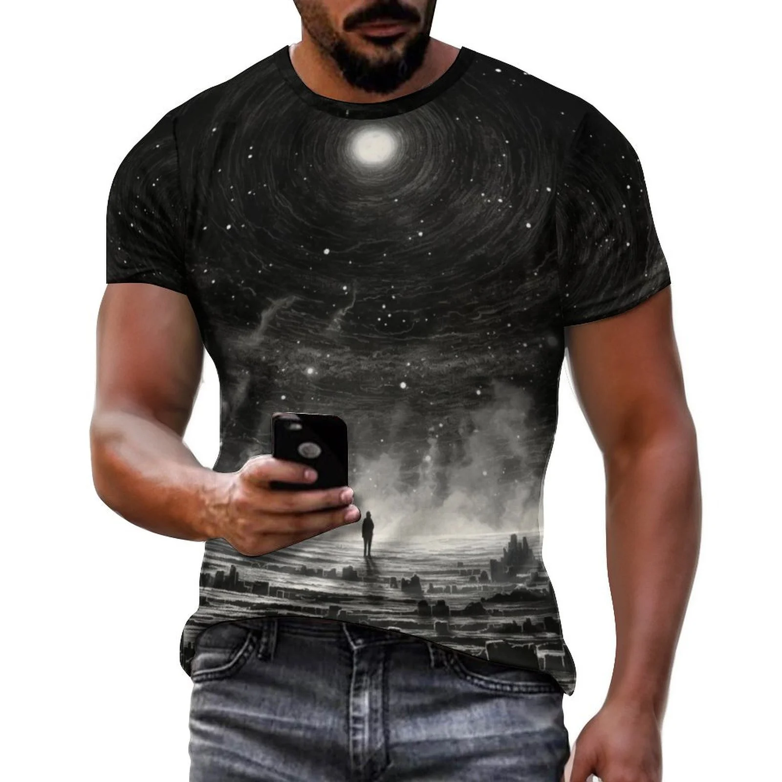 2024 New Men's 3D Graffiti Starry Sky Pattern T-shirt, Casual Cool Micro Elastic Breathable T-shirt, Summer Outdoor Men's Wear