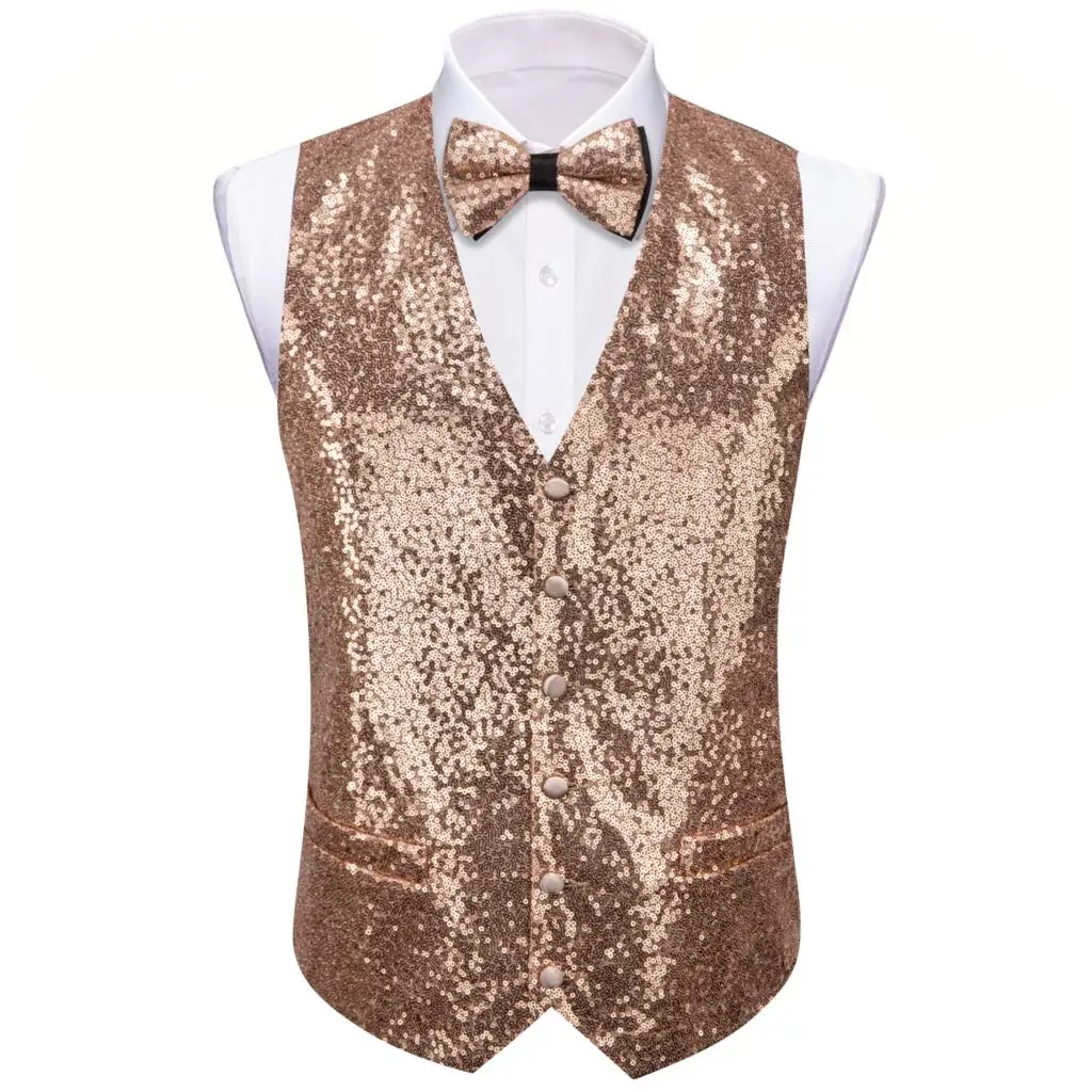 Designer Vest for Men Silk Shine Champagne Rose Gold Solid Plain Waistcoat Bowtie Set Wedding Party Sleeveless Jacket Barry Wang