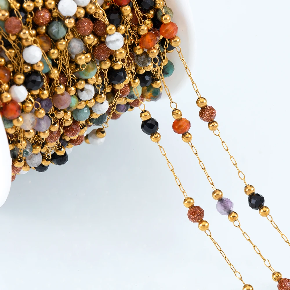 

1meter Colorful Stone Stainless Steel Beaded Chain for Necklace Bracelet DIY Jewelry Making Supplies
