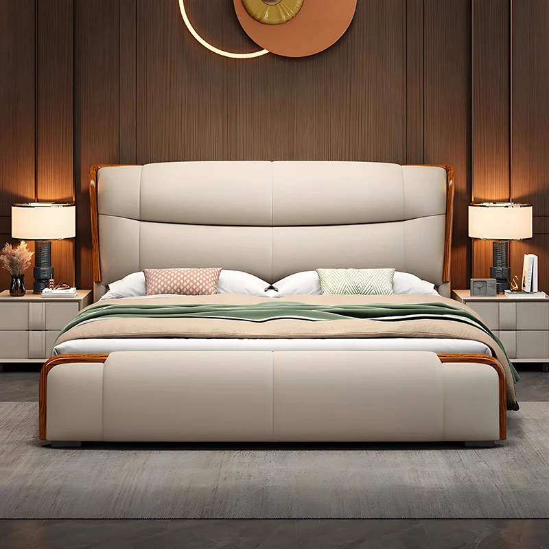 

Leather Sleeping Massage Bed Bedroom King Size Modern Sofa Bed Full Wooden Design Storage Simple Cama Solteiro Home Furniture