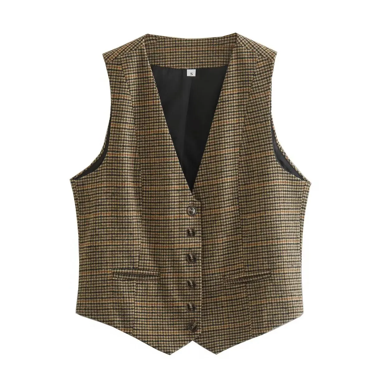 Dames 2024 Nieuwe Mode Casual Joker Geruit Kort Vest Retro Mouwloze V-Hals Knoopvest Chique Top