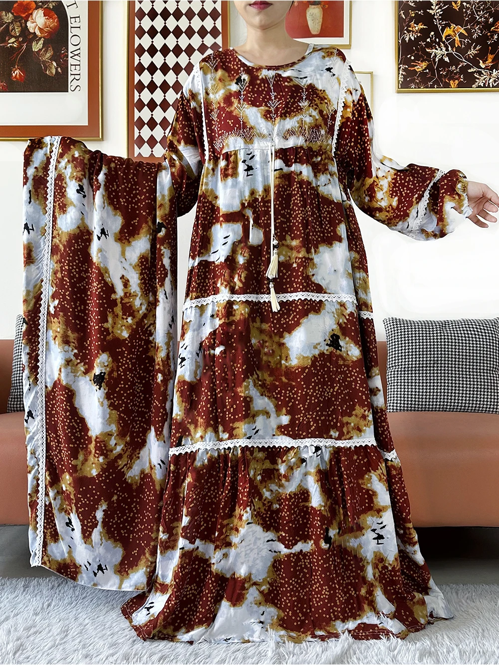 

Latest Kashkha Dubai Dress Floral Cotton Dubai Abaya Dress Long Sleeve Loose Boho Maxi Casual Fashion African Clothing ED402