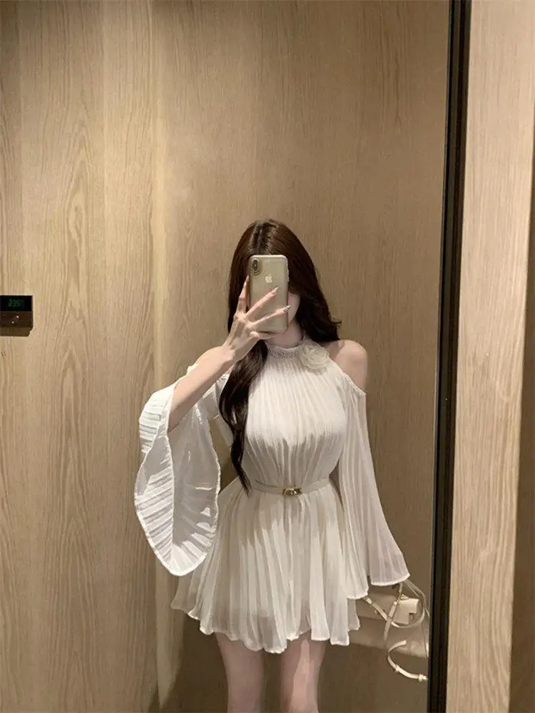 Summer 2025 Women's Chiffon Shirt with Bell Sleeves Neck Hanging Belted Mid-Length French Style Loose Fit Long Sleeve round Neck