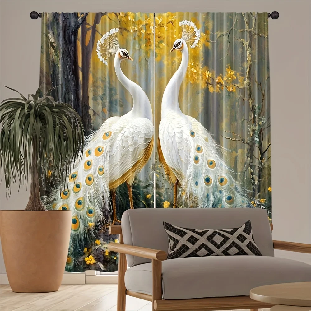 Elegant Peacock Pair Curtain Panels for Living Room Home Decor Realistic Nature Art Window Drapes