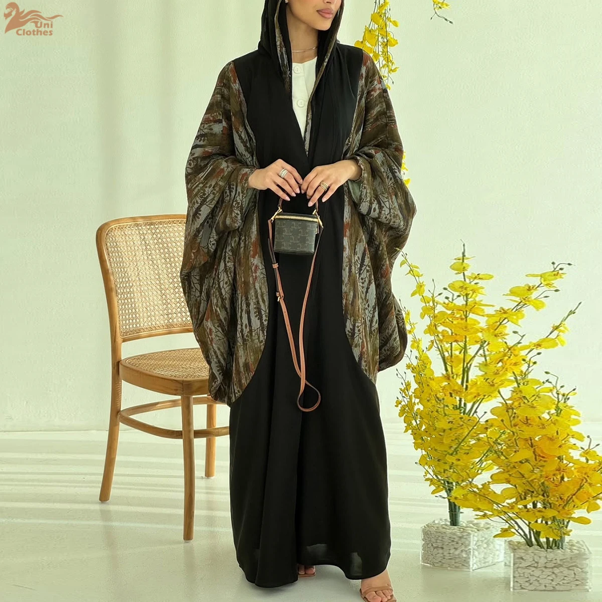 Uni nouveau musulman imprimé fleuri Dolman manches caftans Hijab inclus dubaï élégant décontracté ouvert Abayas Hijab vêtements femmes 2025