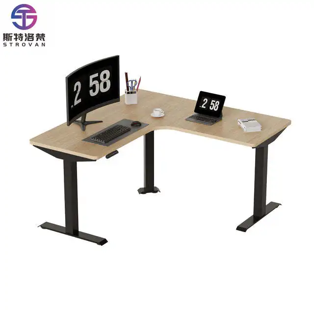 l Shaped Electric Height Adjustable 90 Degree Corner Office Desk with 3 Legs Sit Stand Table