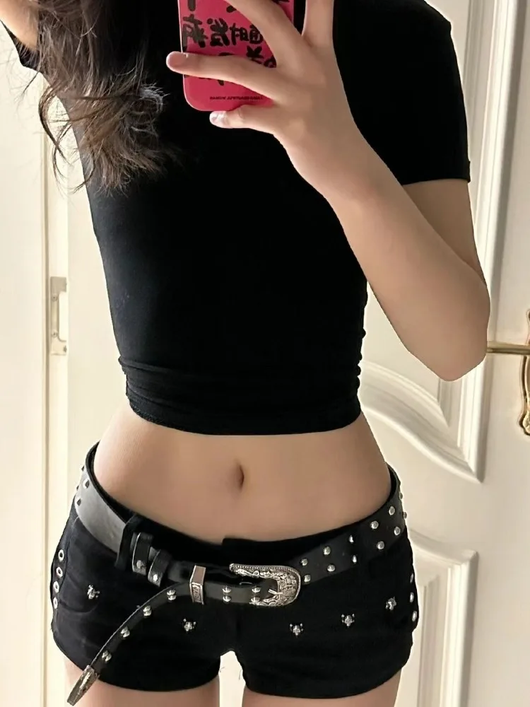 

Y2k американские винтажные короткие джинсовые шорты женские повседневные сексуальные уличные шорты с заклепками облегающие темные рваные на молнии однотонные летние
