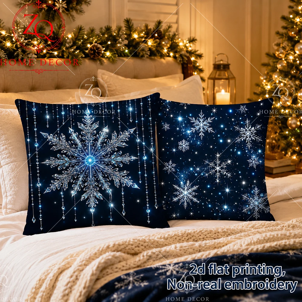 Christmas Snowflake Pillow Case 2D Flat Printed Peach Skin Velvet Cushion Cover For Living Room Sofa Winter Holiday Home Decor