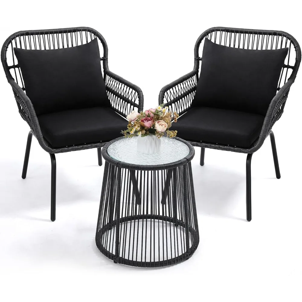 

3 Piece Rattan Wicker Bistro Set, Outdoor Conversation Furniture Set with Glass Top Table, Space Saving for Balcony, Backyard