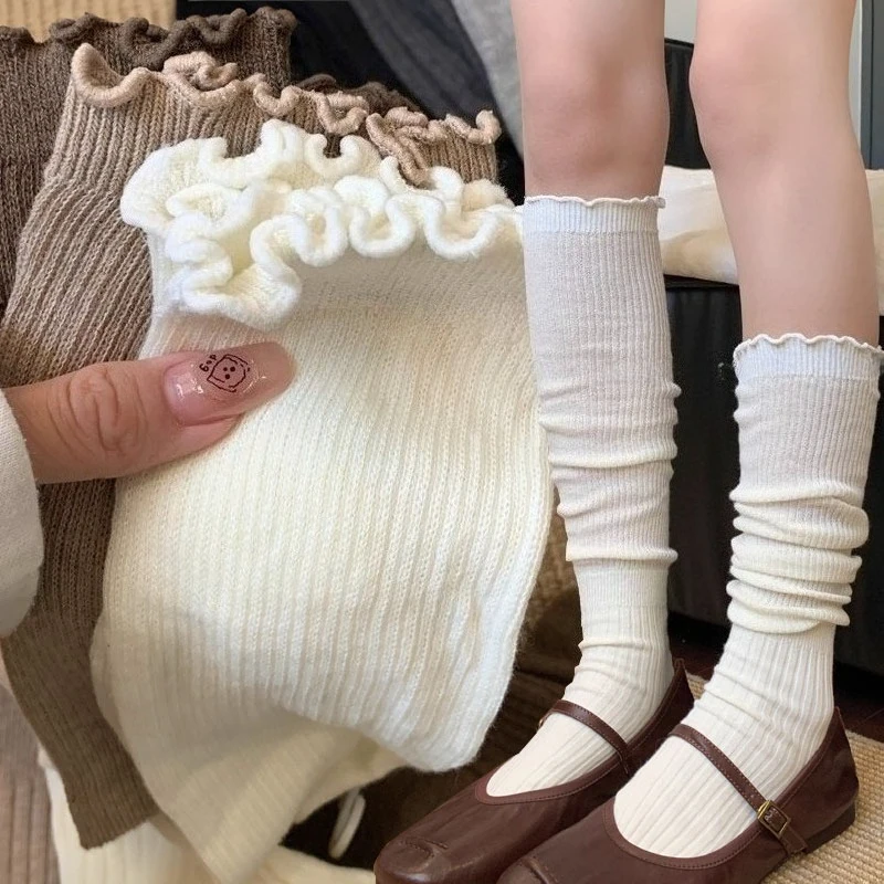 

New Slim Calf Socks Wood Ear Edge Pile Up Socks Women's Autumn Breathable Loose Stacked Knee-Long Sock